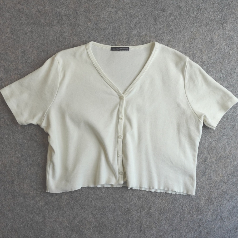 Brandy Melville White Cotton‎ Short Sleeve Cardigan Rib Knit Button Up Crop Top